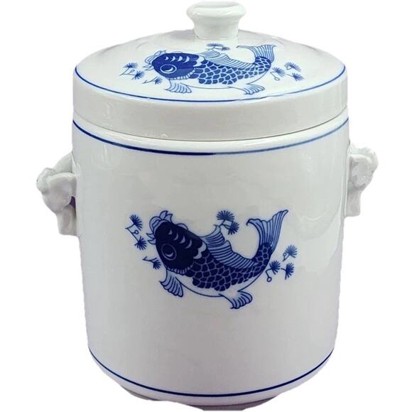 Chinoiserie Blue White Koi Fish Porcelain Canister Cookie Coffee Tea Container - Picture 1 of 16